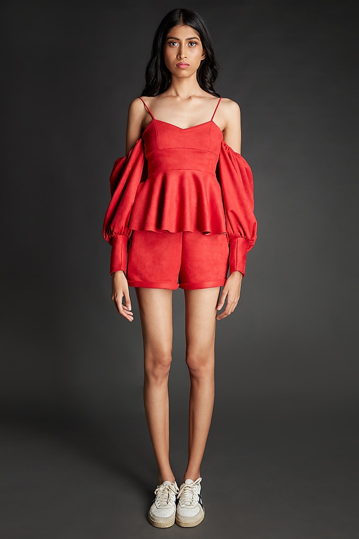Red Peplum Top With Shorts by Emblaze