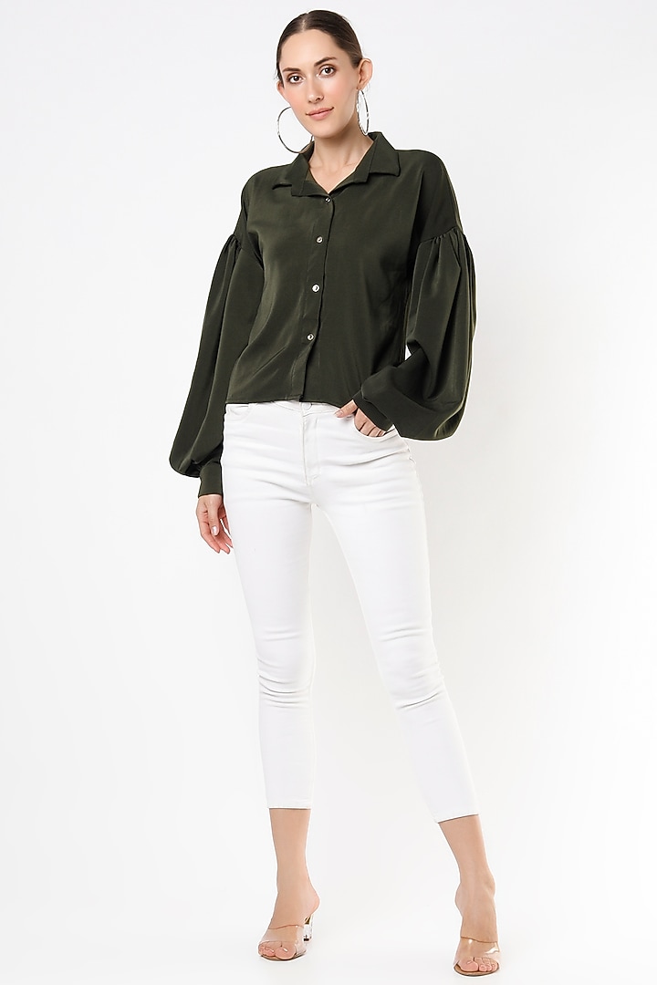 Olive Green Satin Shirt by Emblaze at Pernia's Pop Up Shop