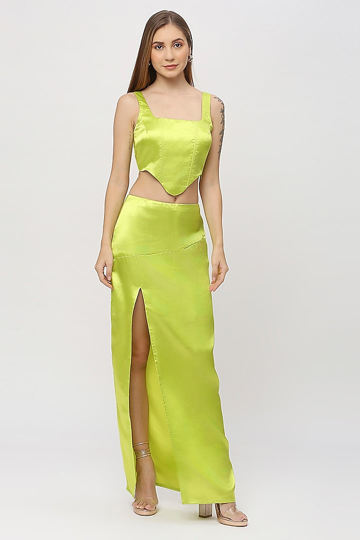 Neon Green Satin Skirt Set by Emblaze