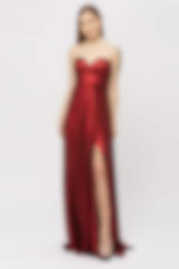 Metallic Red Lycra Gown by Emblaze