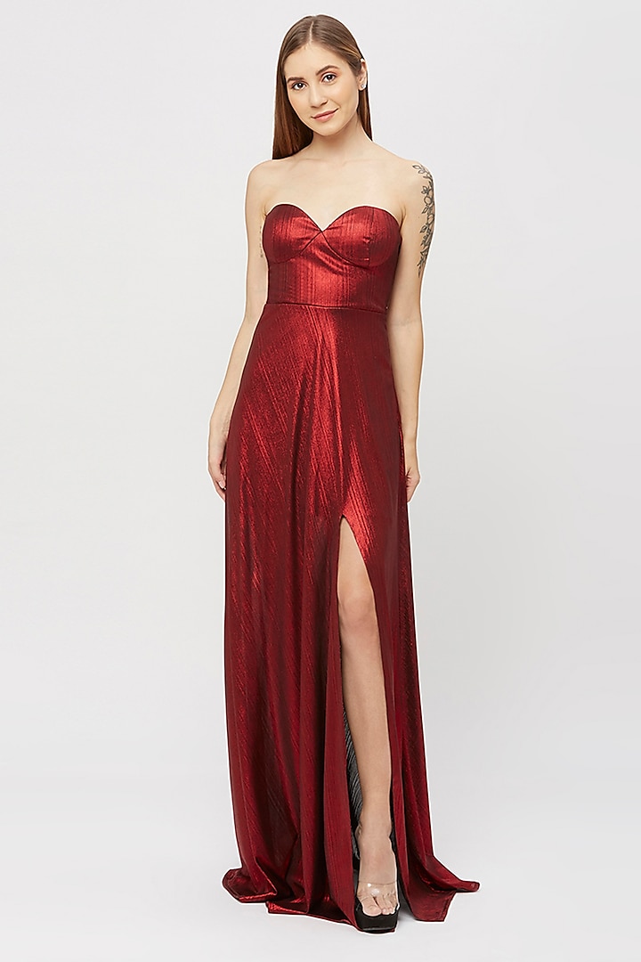 Metallic Red Lycra Gown by Emblaze