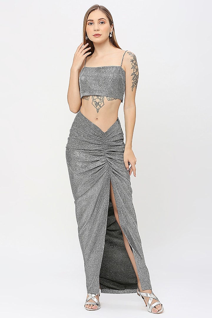Metallic Silver Knit Skirt Set by Emblaze
