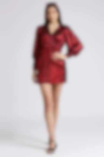 Metallic Red Lycra Draped Mini Dress by Emblaze