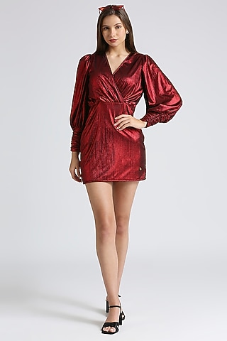 Metallic Red Lycra Draped Mini Dress by Emblaze