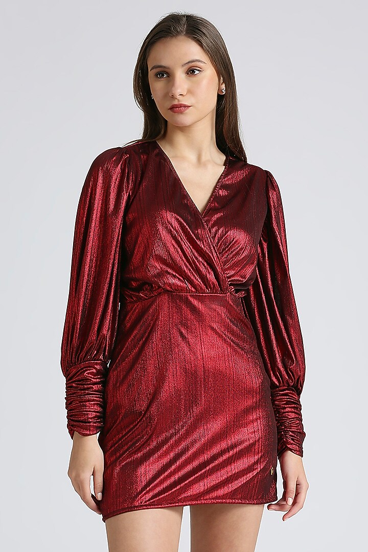 Metallic Red Lycra Draped Mini Summer Dress by Emblaze at Pernia's Pop Up Shop