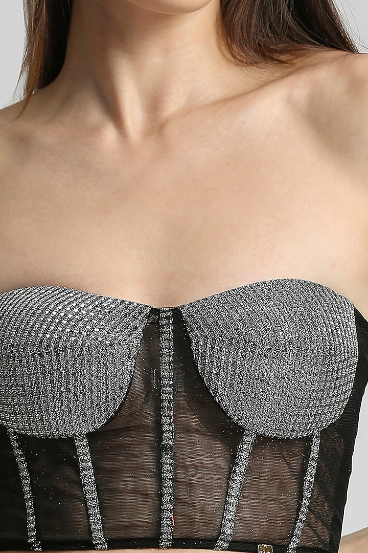Metallic Silver & Black Knit Corset Top by Emblaze at Pernia's Pop Up Shop