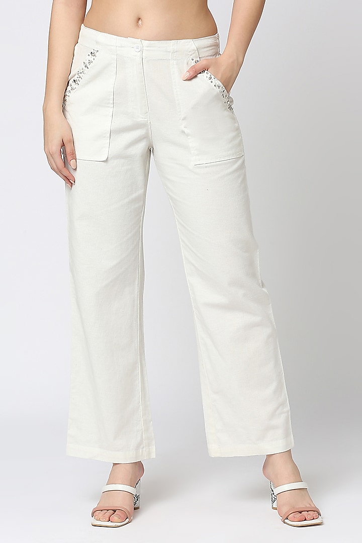White Cotton Embellished Trousers by Emblaze