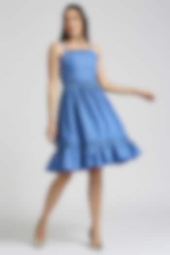 Blue Cotton Cambric Embellished Knee-Length Dress by Emblaze