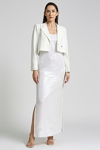White Sequins & Viscose Knit Jacket Dress by Emblaze