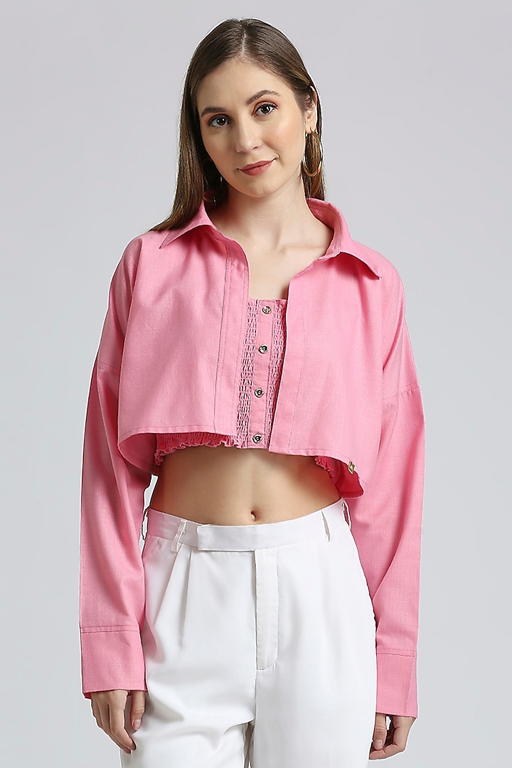 Pink Cotton Ruched Tube Top With Shirt by Emblaze