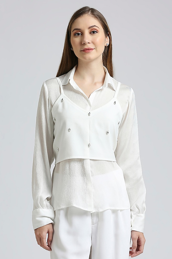 White Chiffon Shirt With Embellished Top by Emblaze