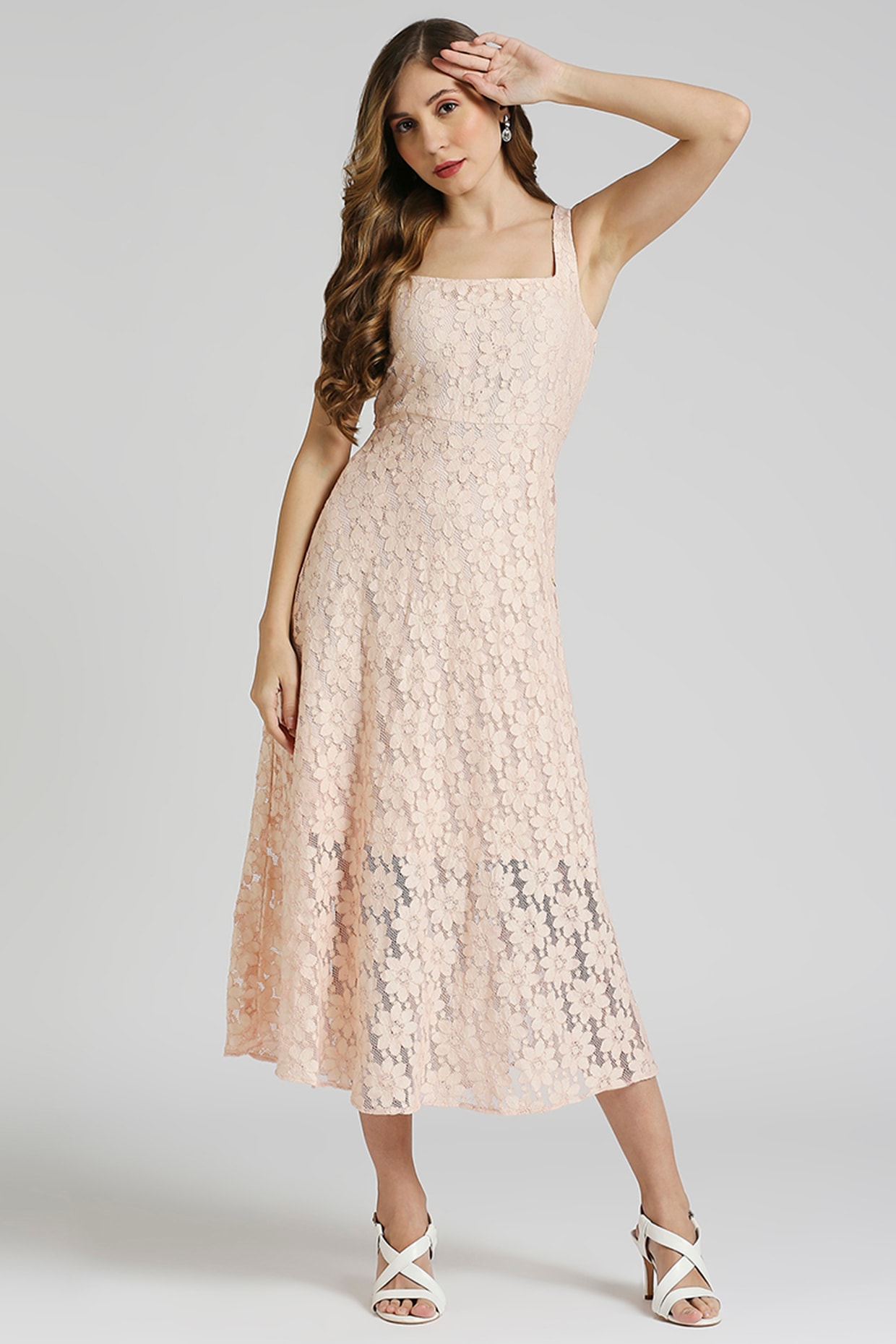 Peach lace midi dress best sale