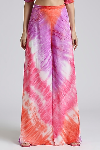 Multi-Colored Georgette Tie-Dye Printed Flared Pants by Emblaze