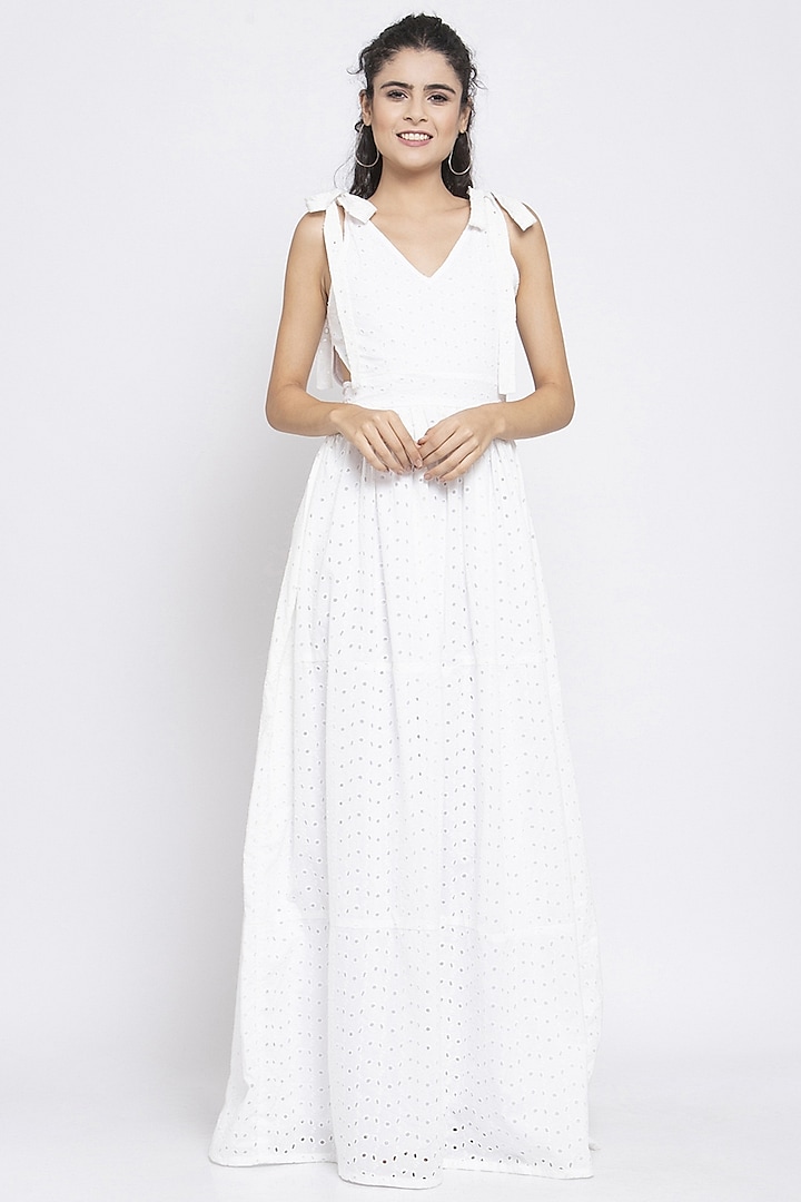 White Shoulder Tie-Up Dress by Emblaze