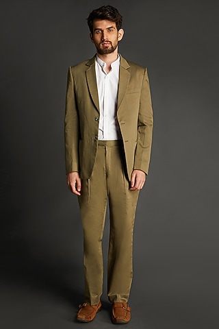 Olive Green Viscose Blazer Set by Emblaze Men