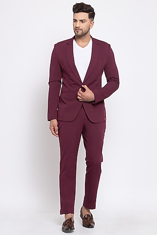 Maroon Viscose Blazer Set by Emblaze Men