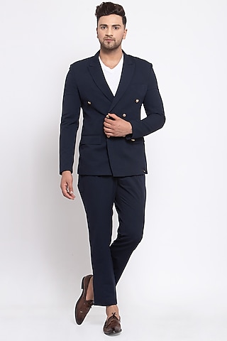 Navy Blue Viscose Blazer Set by Emblaze Men
