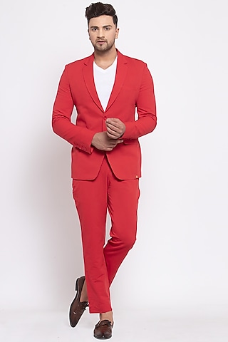 Red Viscose Blazer Set by Emblaze Men