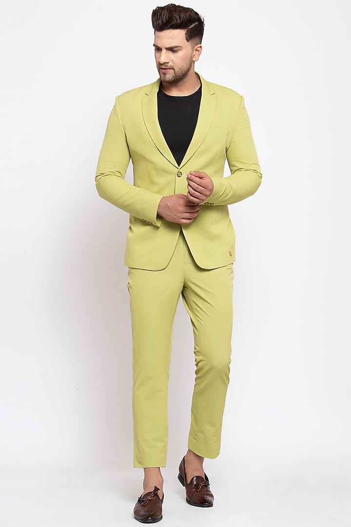 Lime Green Viscose Blazer Set by Emblaze Men