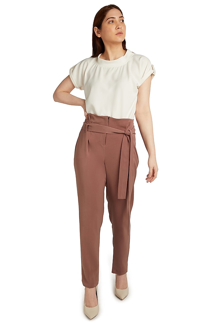 Brown Viscose Pleated Pants by Emblaze