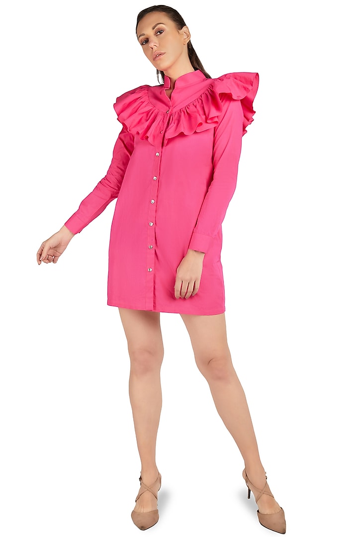 Hot Pink Frilled Shirt Dress by Emblaze