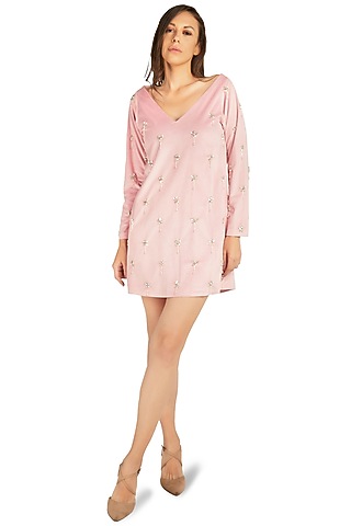 Pink Velvet Embellished Dress by Emblaze