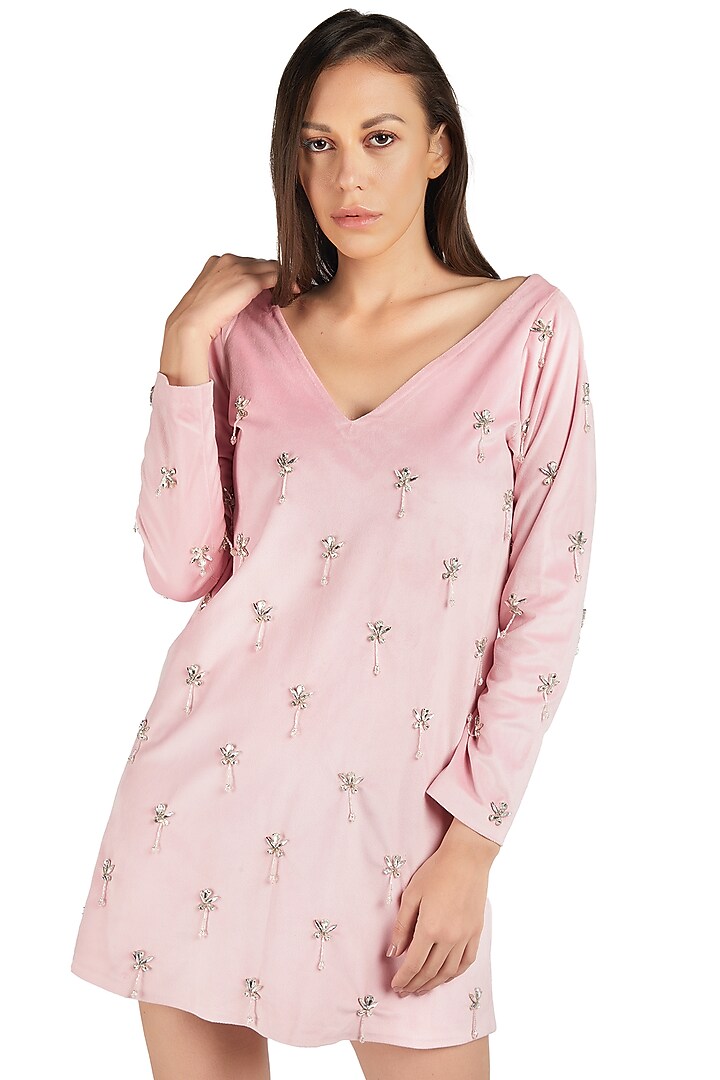 Pink Velvet Embellished Summer Dress by Emblaze at Pernia's Pop Up Shop