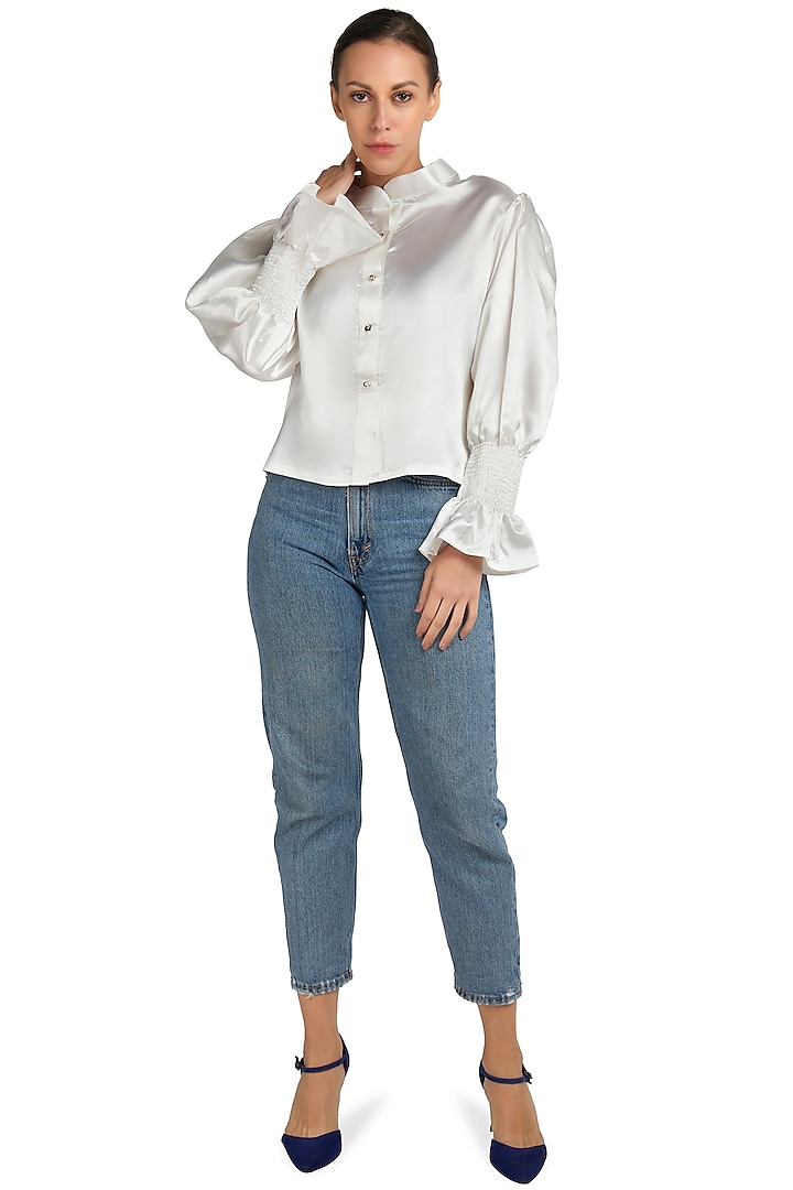 White Satin Shirt With Ruched Sleeves by Emblaze