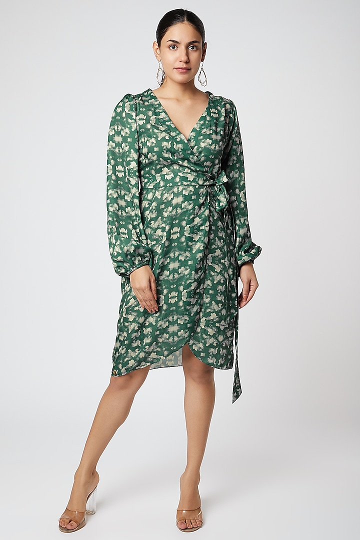 Emerald Green Printed Wrap Dress Design by Emblaze at Pernia's Pop Up ...