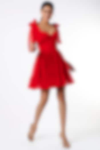 Red Viscose Gathered Dress by Emblaze