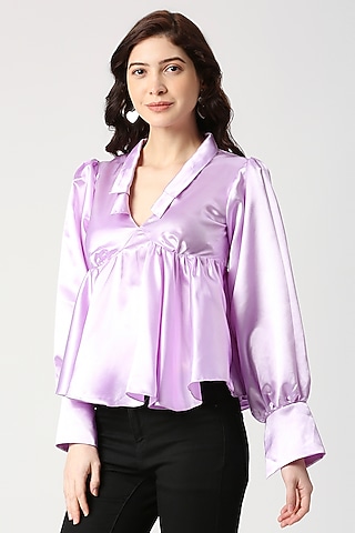 Lilac Satin Peplum Top by Emblaze