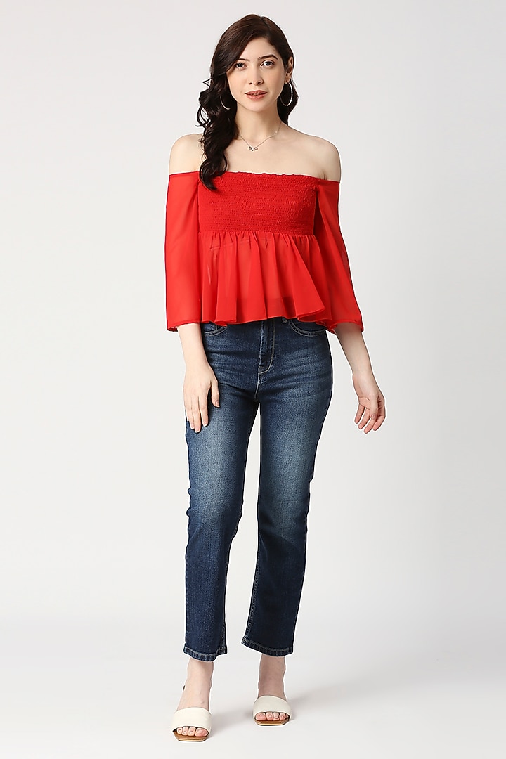 Red Georgette Peplum Top by Emblaze at Pernia's Pop Up Shop
