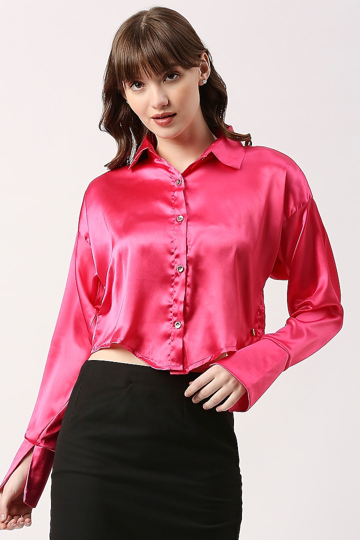 Hot Pink Satin Crop Shirt by Emblaze