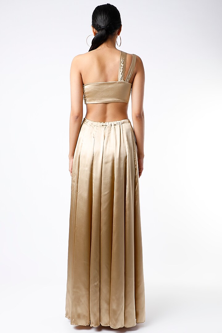 Gold Satin One-Shoulder Gown by Emblaze at Pernia's Pop Up Shop