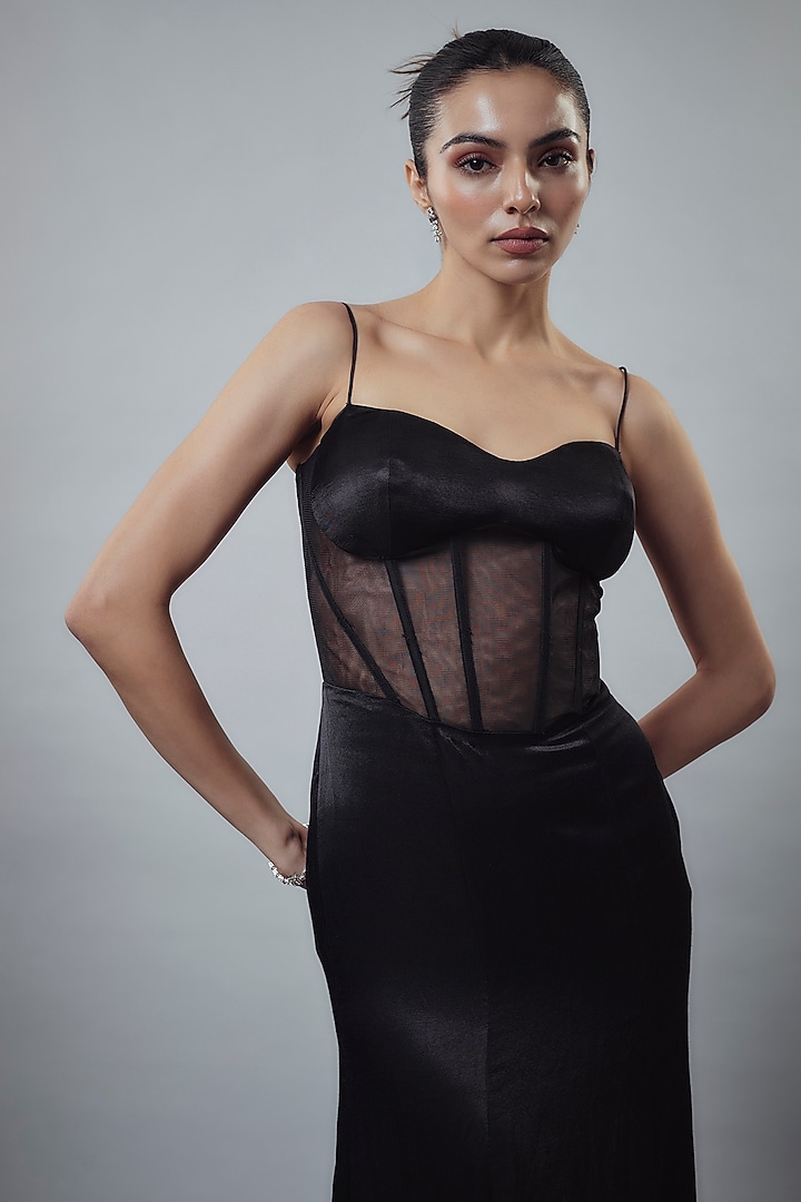 Black Mashru Corset Gown by Emblaze at Pernia's Pop Up Shop