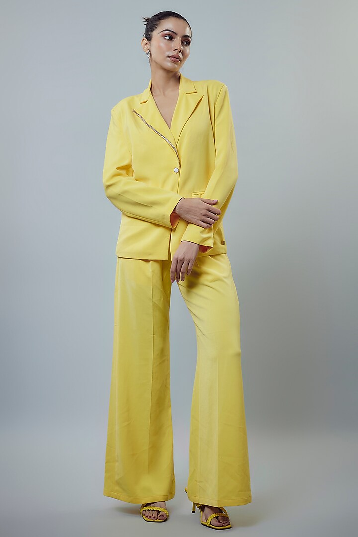 Yellow Banana Crepe Embellished Blazer Set by Emblaze at Pernia's Pop Up Shop