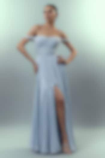 Light Blue Natural Crepe Ruched Gown by Emblaze at Pernia's Pop Up Shop