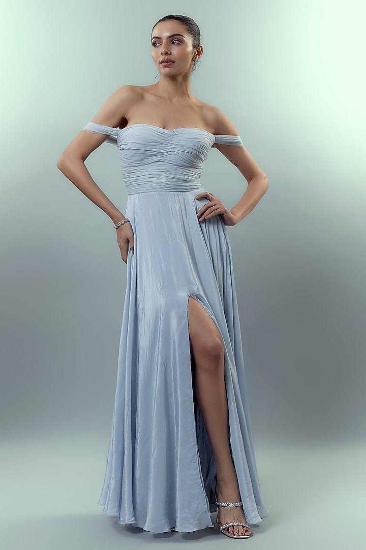 Light Blue Natural Crepe Ruched Gown by Emblaze at Pernia's Pop Up Shop