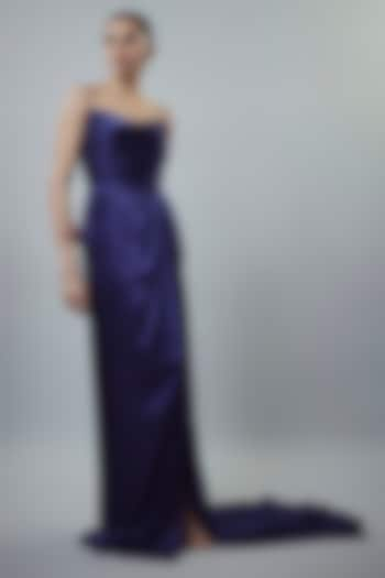 Navy Blue Modal Satin Embellished Draped Gown by Emblaze at Pernia's Pop Up Shop