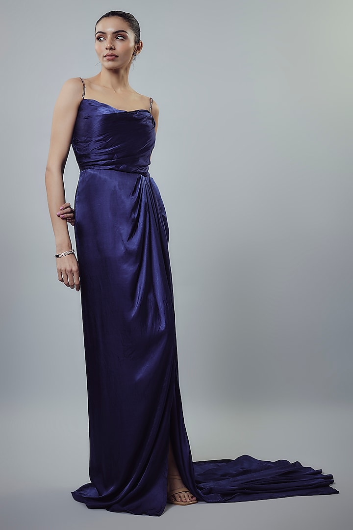 Navy Blue Modal Satin Embellished Draped Gown by Emblaze at Pernia's Pop Up Shop