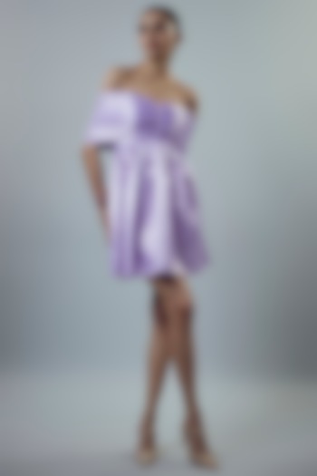 Lilac Satin Off-Shoulder Ruched Mini Dress by Emblaze at Pernia's Pop Up Shop