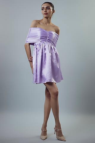 Lilac Satin Off-Shoulder Ruched Mini Dress by Emblaze