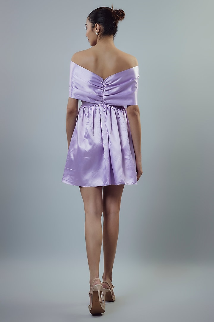 Lilac Satin Off-Shoulder Ruched Mini Summer Dress by Emblaze at Pernia's Pop Up Shop