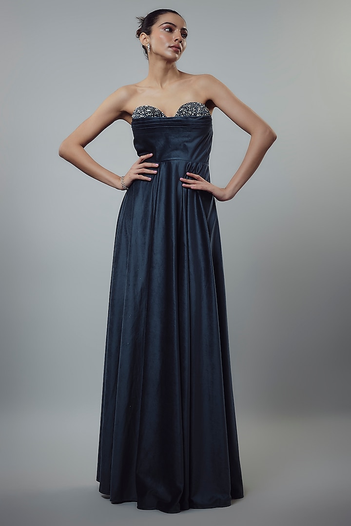 Navy Blue Velvet Embellished Gown by Emblaze at Pernia's Pop Up Shop