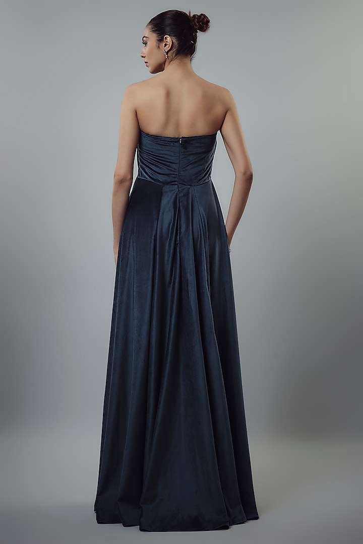 Navy Blue Velvet Embellished Gown by Emblaze at Pernia's Pop Up Shop