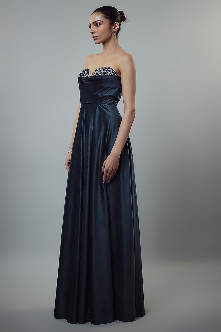 Navy Blue Velvet Embellished Gown by Emblaze at Pernia's Pop Up Shop