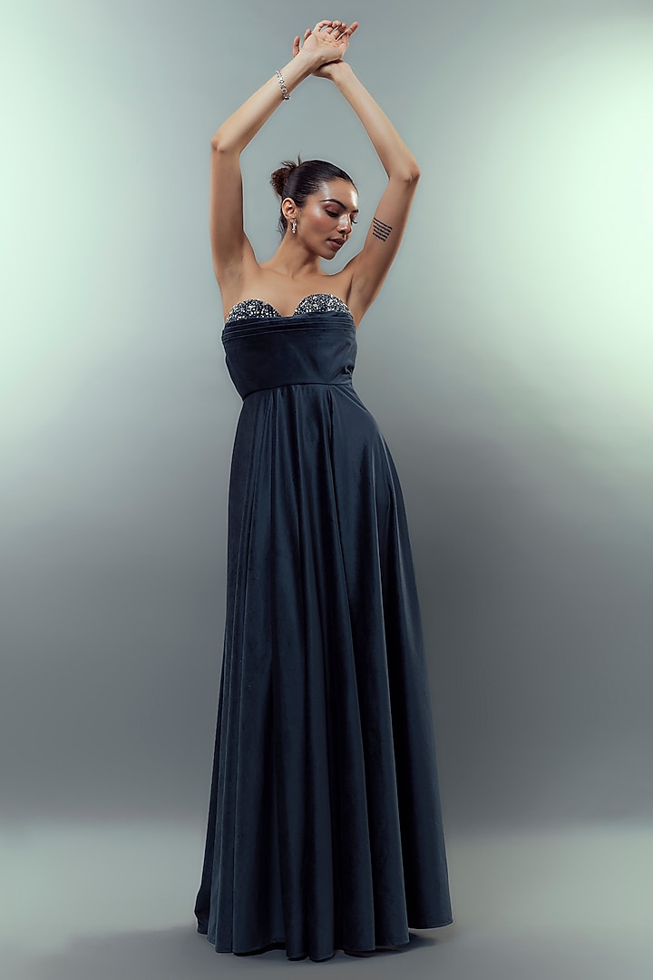 Navy Blue Velvet Embellished Gown by Emblaze at Pernia's Pop Up Shop