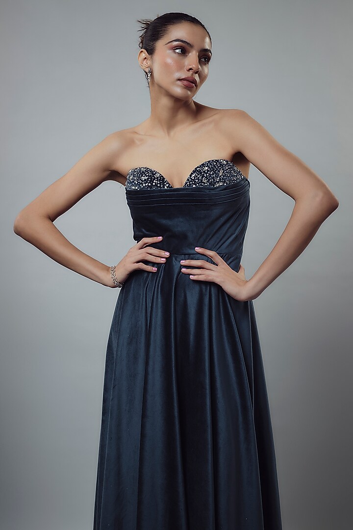 Navy Blue Velvet Embellished Gown by Emblaze at Pernia's Pop Up Shop