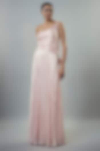 Light Pink Modal Satin Embellished One-Shoulder Draped Gown by Emblaze at Pernia's Pop Up Shop