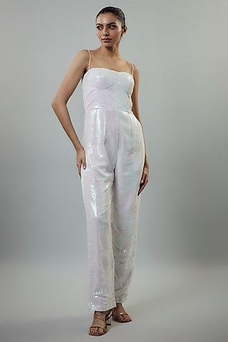 White Sequins Corset Jumpsuit by Emblaze